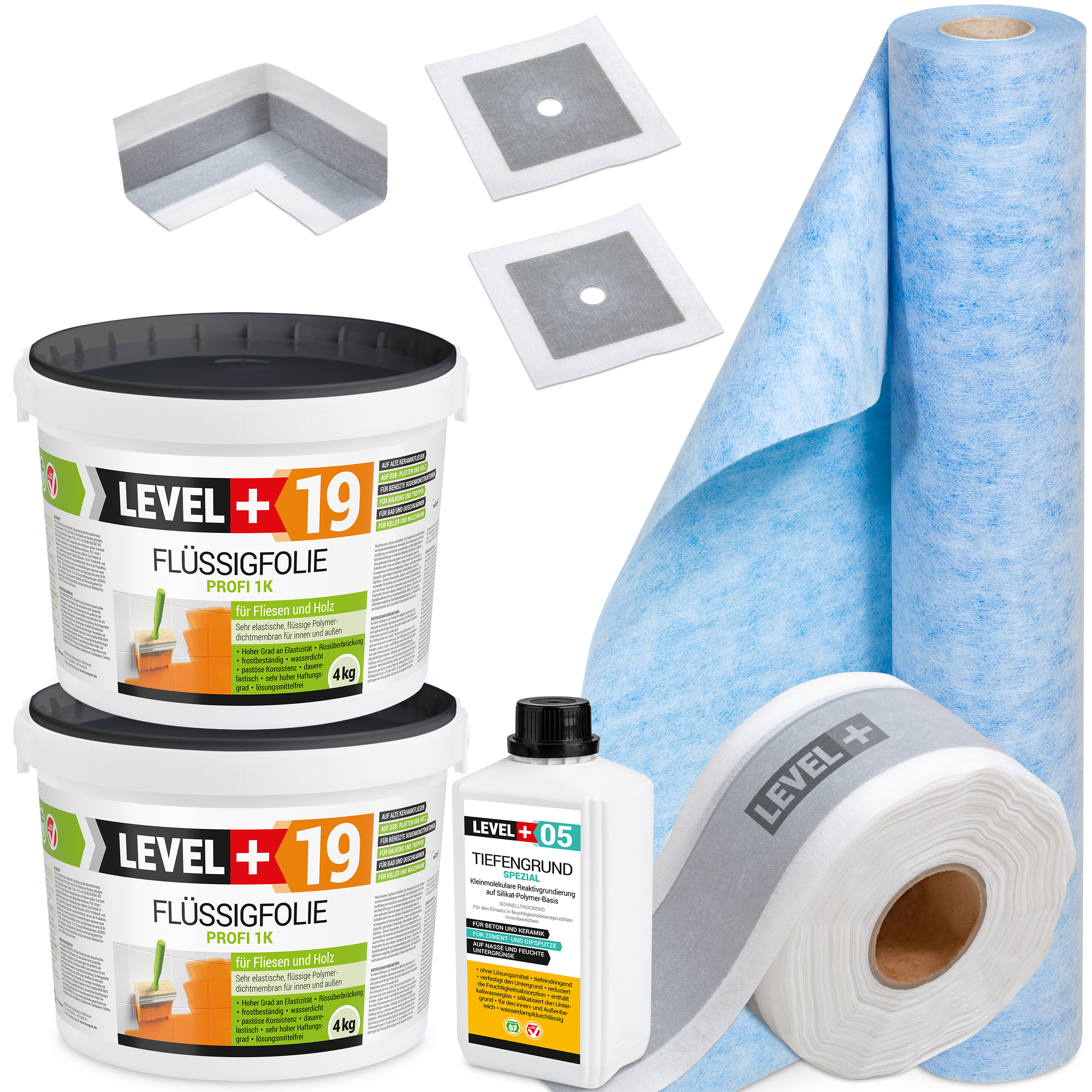 Dichtset Innen Außen Abdichtungset Dichtvlies Flüssigfolie 8kg Holz Fliesen OSB Wasserdicht Dichtband 120/70mm Ausdehnbar SET506