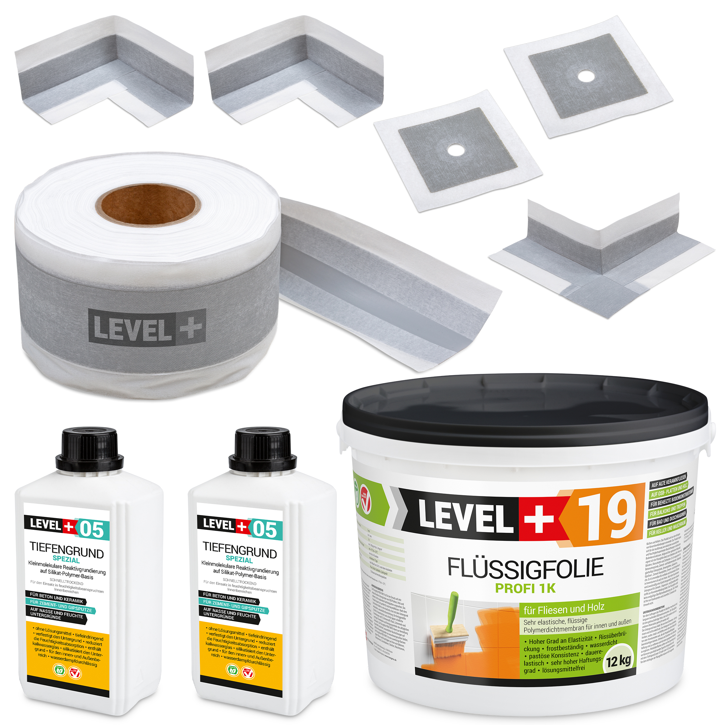 Dicht-Set Innen Außen Abdichtung-Set Dichtvlies Flüssigfolie 12kg Holz Fliesen OSB Wasserdicht Dichtband 120/70mm Ausdehnbar SET522