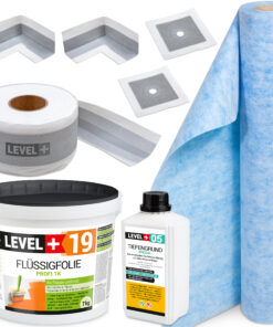 Dicht-Set Innen Außen Abdichtung-Set Dichtvlies Flüssigfolie 7kg Holz Fliesen OSB Wasserdicht Dichtband 120/70mm Ausdehnbar SET544