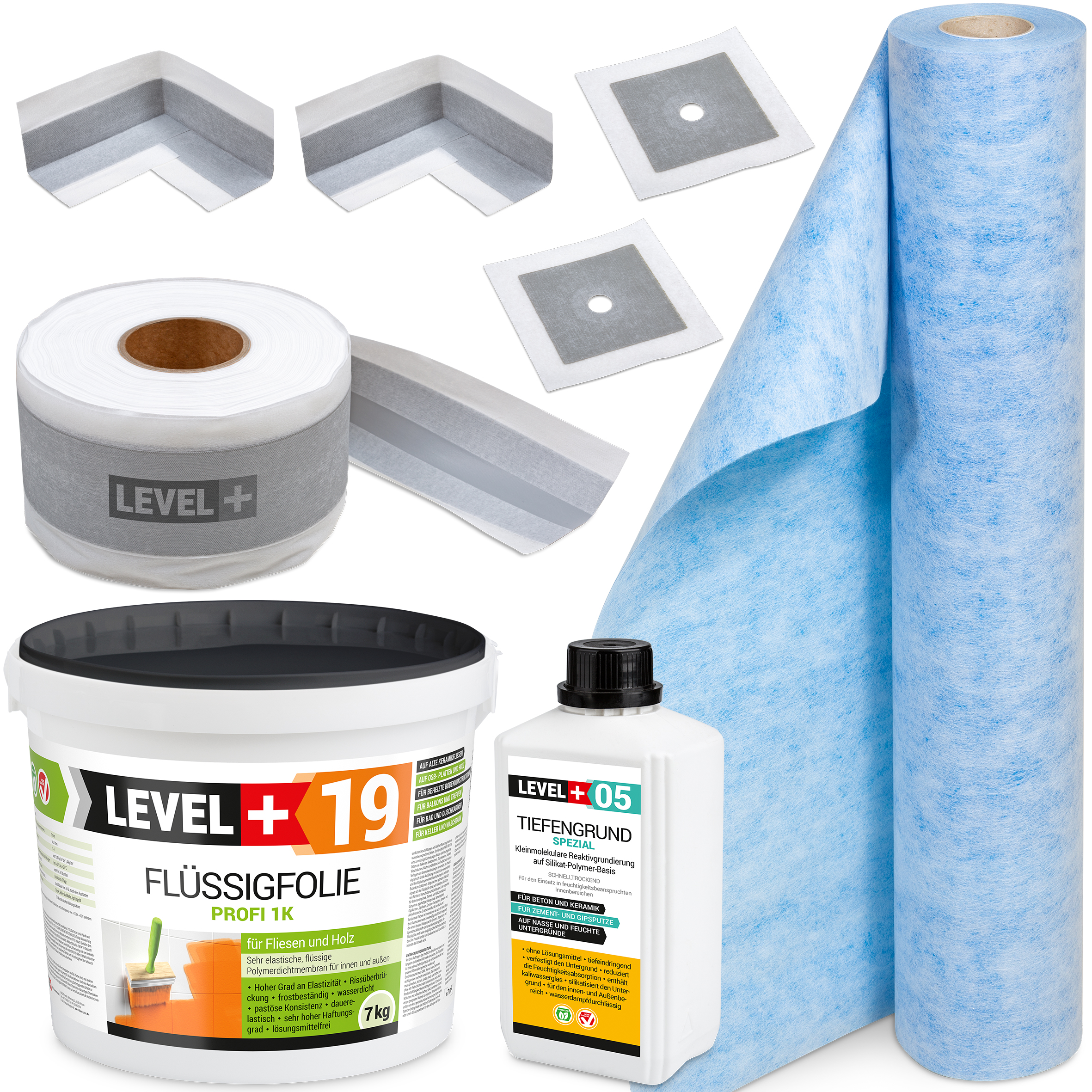 Dicht-Set Innen Außen Abdichtung-Set Dichtvlies Flüssigfolie 7kg Holz Fliesen OSB Wasserdicht Dichtband 120/70mm Ausdehnbar SET544