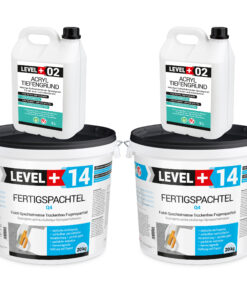 Fertigspachtel 40kg Spachtelmasse Polymer-Gips-Flächenglätter und Acryl Tiefengrund 10L LEVEL+ SET601