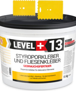 Styroporkleber Dispersionkleber Korkkleber 15kg Polymerbasis + 2 St. Zahnspachtel Kunstoff SET LEVEL+13