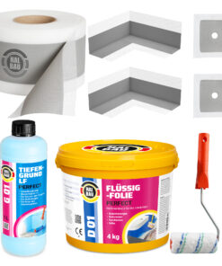 Dichtset Flüssigfolie 4Kg Dichtband Dichtecken Tiefengrund Farbroller 10cm SET H04