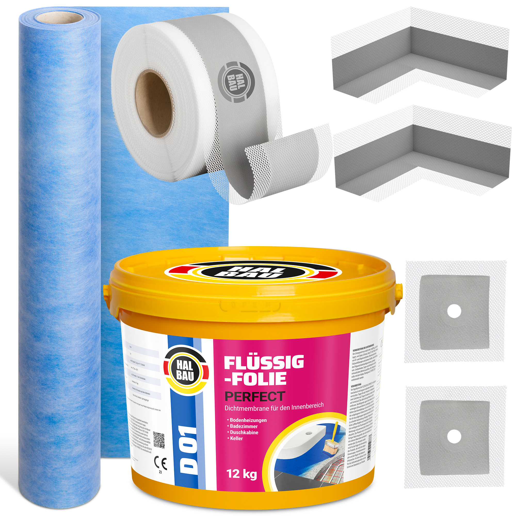 Dichtset für Dusche Bad Flüssigfolie 12kg Abdichtung Dichtbahn Dichtband SET H26