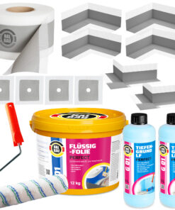 Dichtset Flüssigfolie 12Kg Dichtband 20m Ecken Tiefengrund Farbroller 25cm SET H32