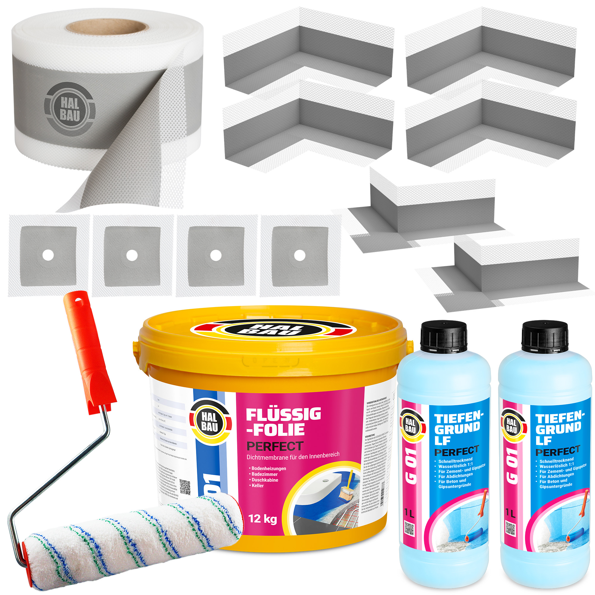 Dichtset Flüssigfolie 12Kg Dichtband 20m Ecken Tiefengrund Farbroller 25cm SET H32