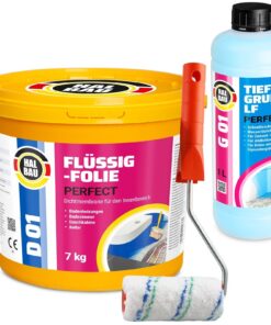 Flüssigfolie 7Kg Abdichtung Tiefengrund Dusche Bad Küche Farbroller 10cm SET H409