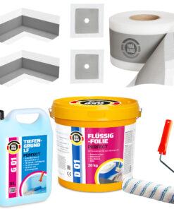 Dichtset Flüssigfolie 20Kg Dichtband 15m Ecken Tiefengrund Farbroller 25cm H41