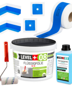 Dichtset Abdichtung Flüssigfolie 4kg Dichtband 5m Tiefengrund Farbroller 10cm Dichtband LEVEL+ SET290