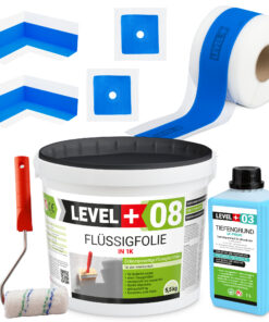 Dichtset Abdichtung Flüssigfolie 5,5kg Dichtband 5m Tiefengrund Farbroller 10cm Dichtband LEVEL+ SET291