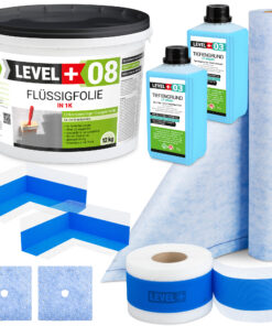 Dichtset ca. 10m2 Duschabdichtung Flüssigfolie 12kg Innenecke Dichtband Dichtbahn Bad Dusche Küche LEVEL+ SET361