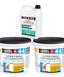 Super-Finish Fertigspachtel Masse 40kg Spachtelmasse Polymer-Gips-Flächenglätter und Acryl Tiefengrund 5L LEVEL+ SET605