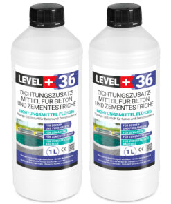 Dichtsungsmittel Flüssig 2L für Beton und Zementestriche, frostbeständig, Mörtelzusatzmittel, Belüftungsmittel LEVEL+36